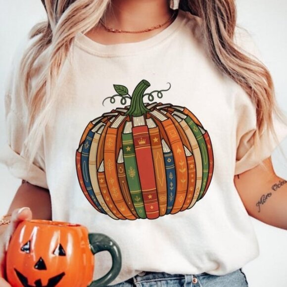 Fall Book Pumpkin Halloween Teacher T-Shirt - Picture 1 of 4
